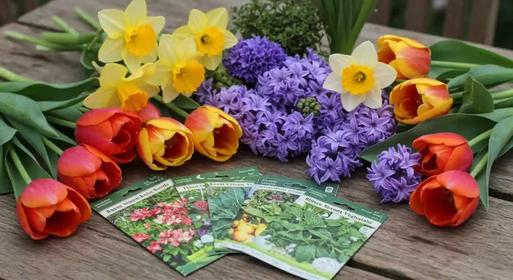 Selection of spring bulbs and seeds for planting