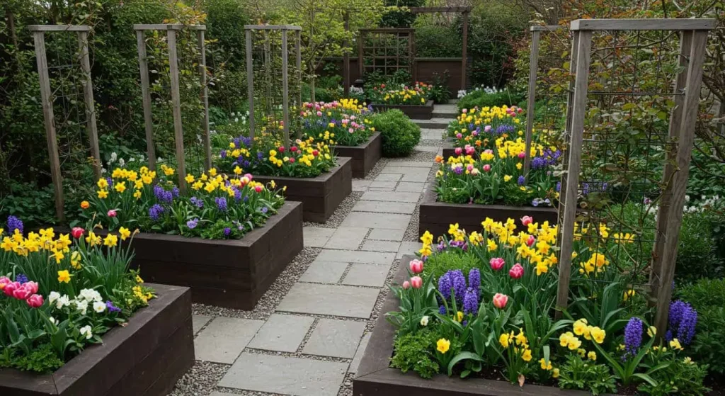 Modern spring garden design with raised beds and pathways