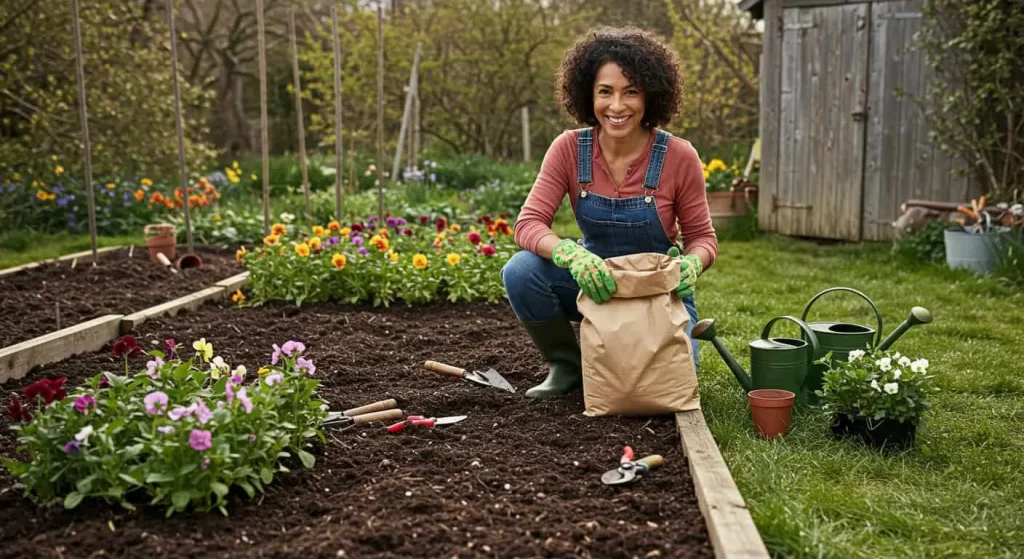 Gardener preparing soil with compost and tools