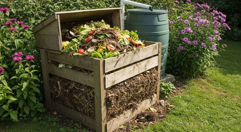 Sustainable practices for spring gardens including composting and rainwater harvesting