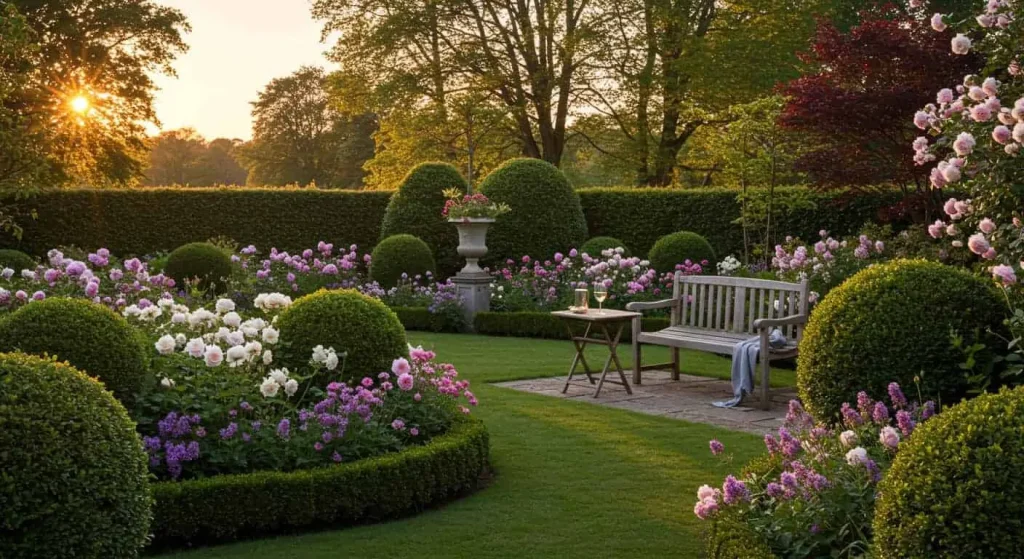 Well-maintained spring garden with evening ambiance