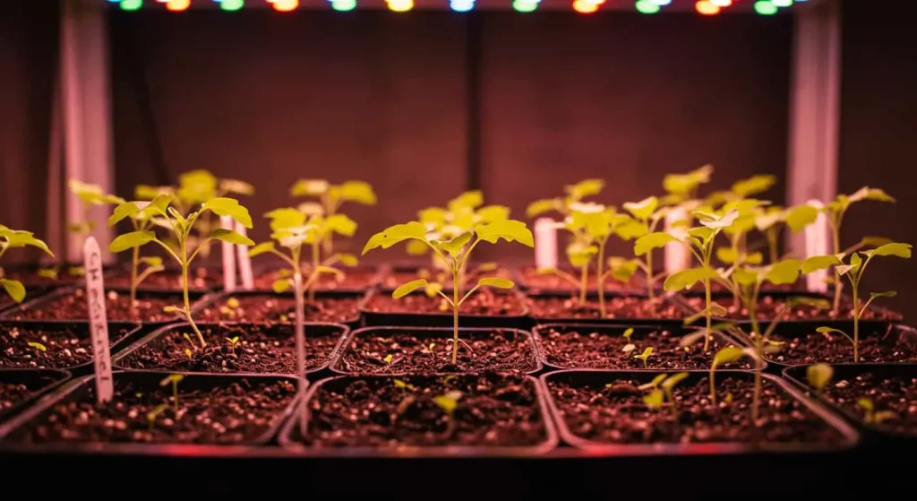 Healthy seedlings thriving indoors under grow lights with labeled pots