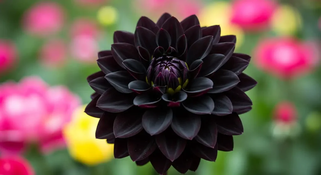 A close-up photo of a dramatic black dahlia flower with rich, velvety petals.