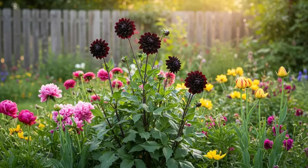 A vibrant garden filled with blooming black dahlia plants among colorful flowers.