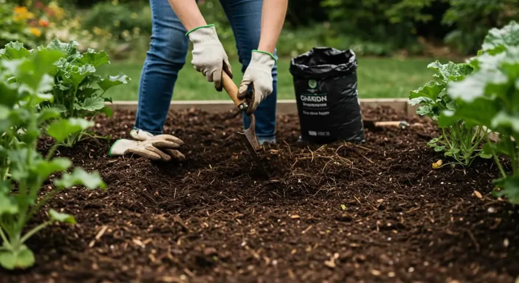 Preparing soil for planting black dahlia bulbs with compost and gardening tools.