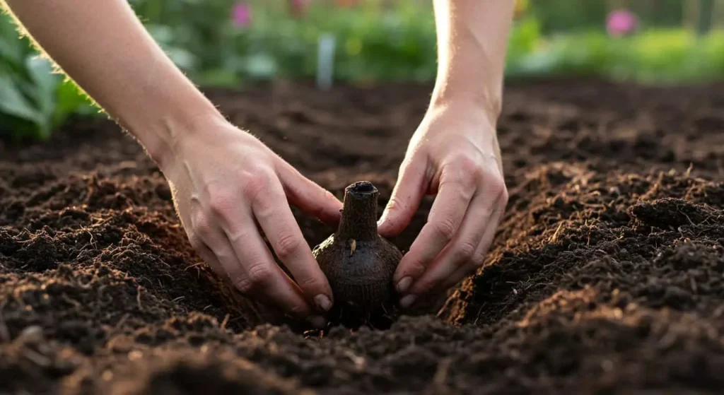 Properly planting a black dahlia tuber in a prepped garden bed.