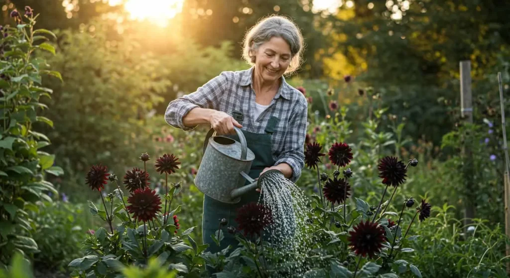 Watering black dahlia plants with a gentle stream from a watering can.