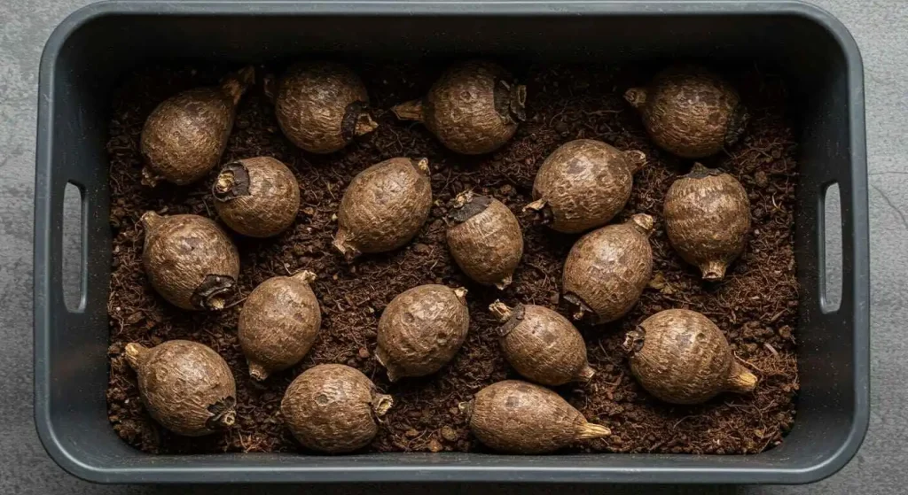 Properly stored black dahlia tubers in a container filled with peat moss.