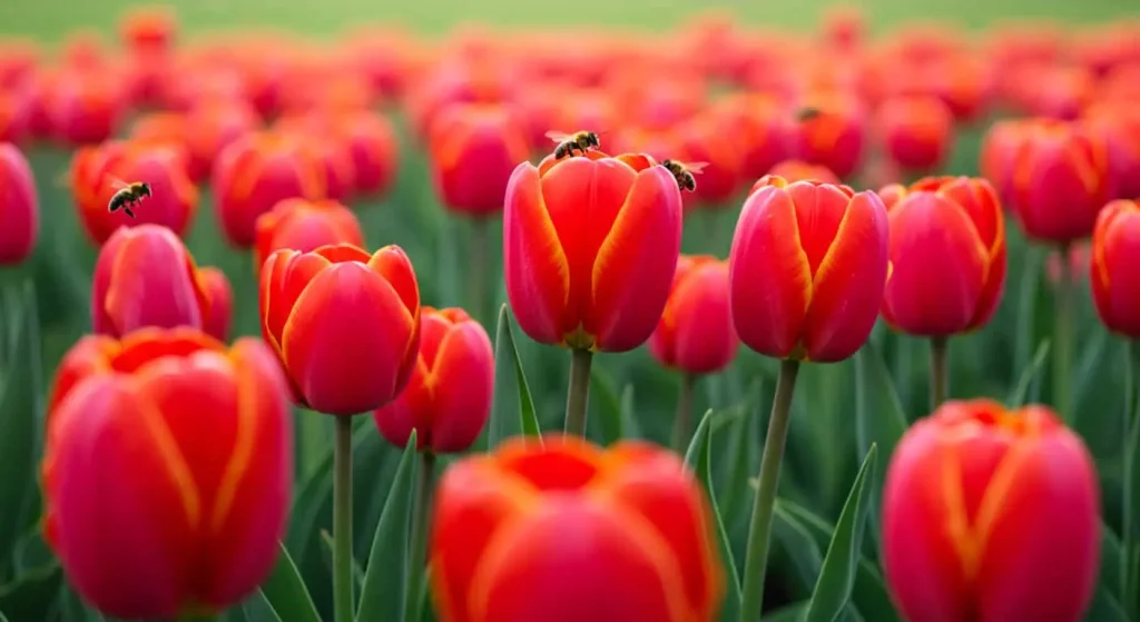 A breathtaking field of red tulips bathed in warm spring light