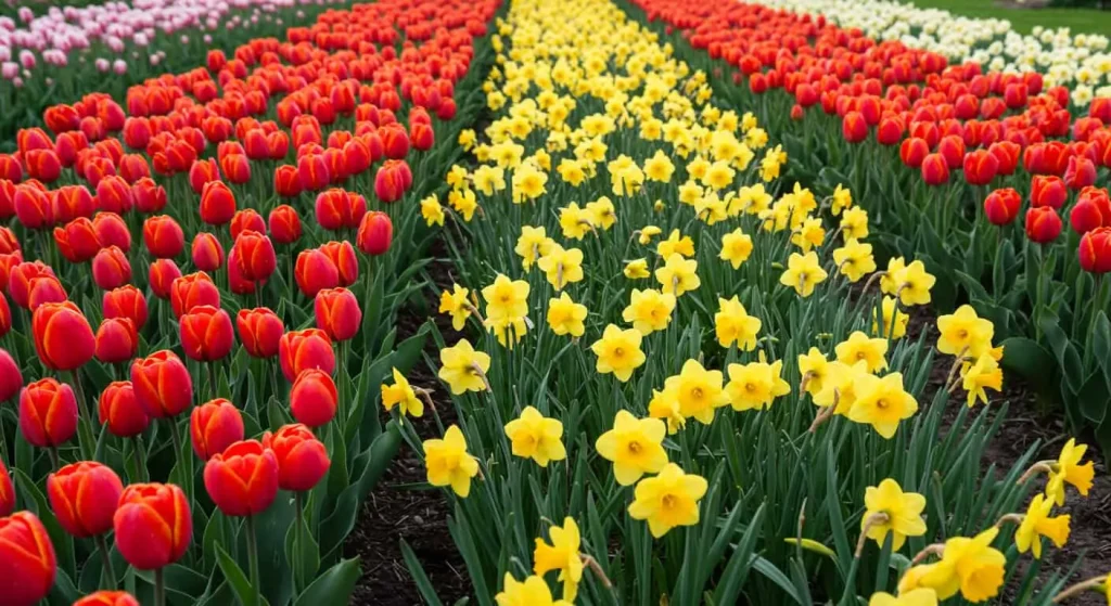 Comparison of red tulips and yellow daffodils in a garden