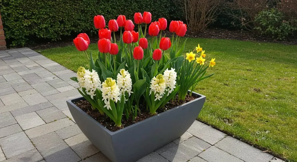 Container garden with red tulips and complementary flowers