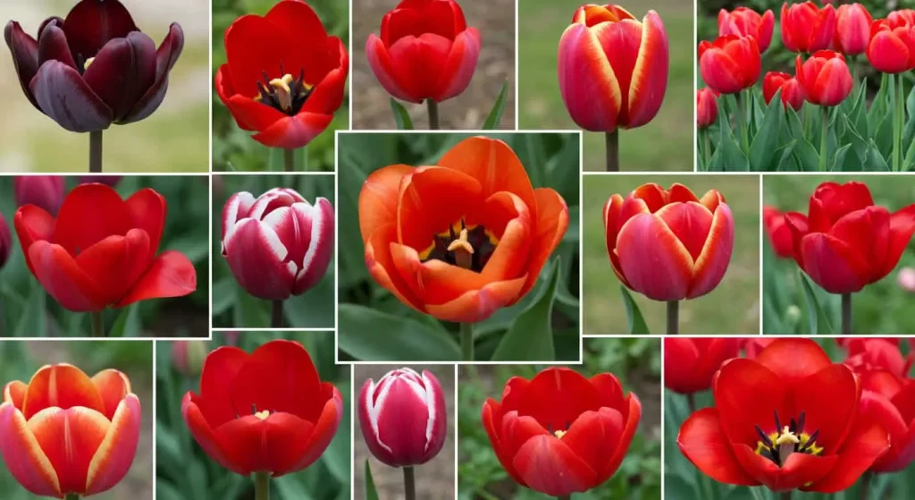 Collage of popular red tulip varieties like Red Emperor and Black Parrot