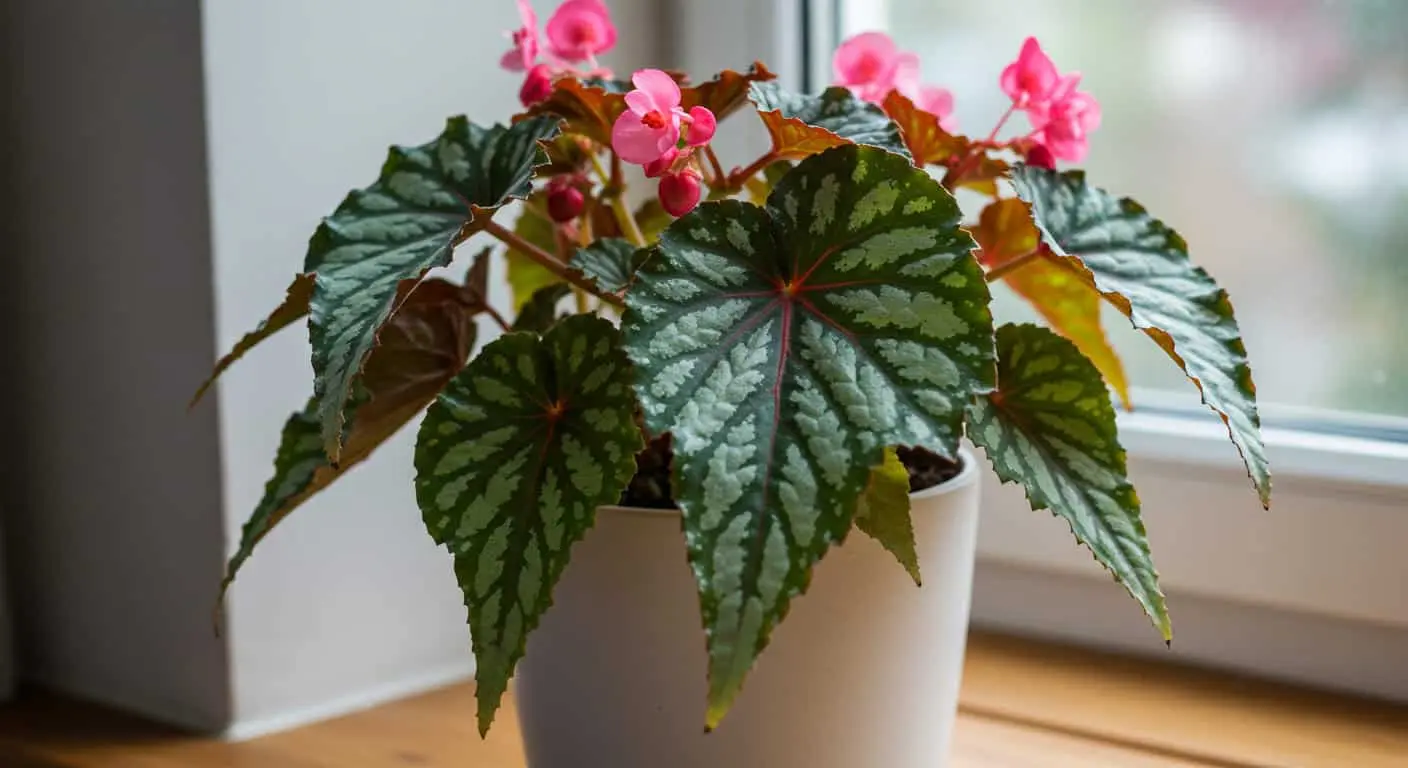 Close-up of an angel wing begonia plant with striking silver-patterned leaves and pink blooms in a white ceramic pot