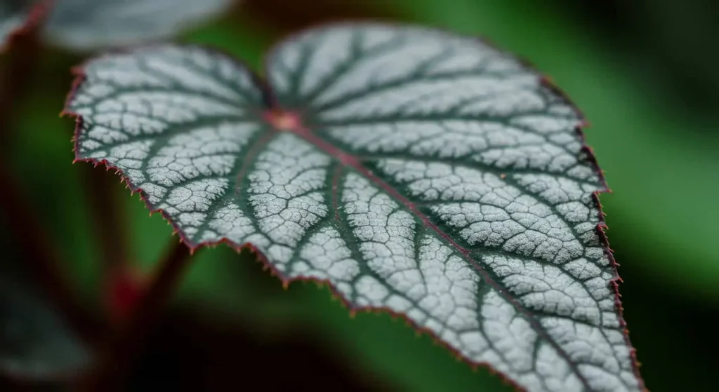 Macro view of an angel wing begonia leaf showing its distinctive silver markings and wing-like shape