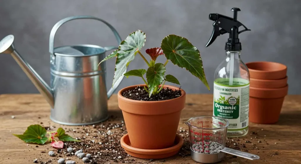 Terracotta pot with angel wing begonia surrounded by tools like a watering can, spray bottle, and organic fertilizer