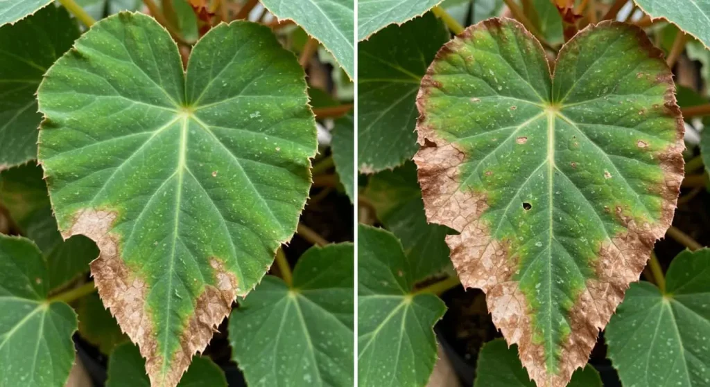 Comparison of healthy and unhealthy angel wing begonia leaves with signs of leaf discoloration and pest damage