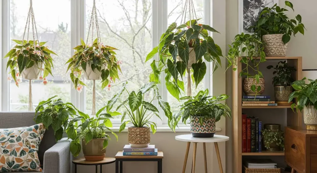 Living room decorated with angel wing begonias hanging in macramé hangers and placed on shelves and side tables