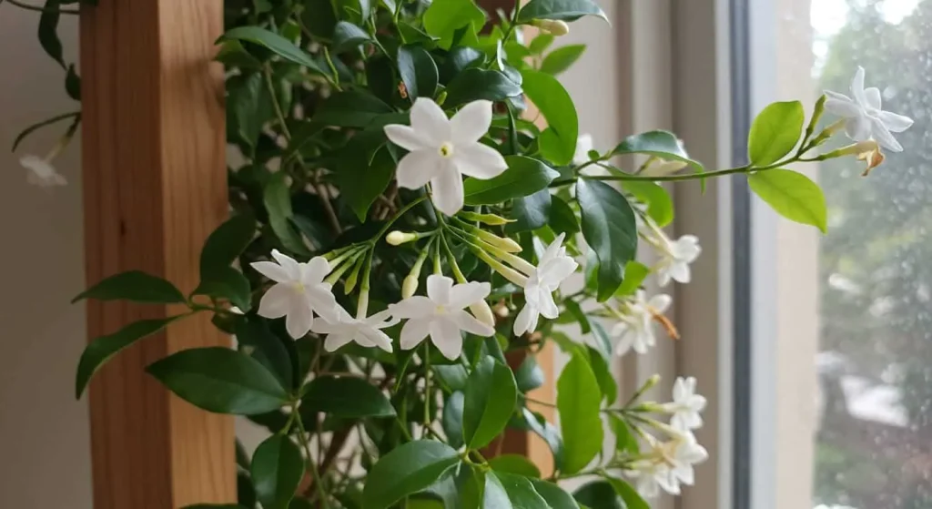 Close-up of jasmine flower vine with white blooms cascading from a wooden trellis