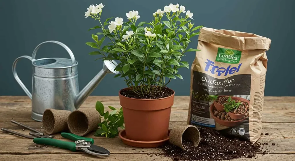 Potted jasmine plant with green leaves and buds alongside gardening tools on a table