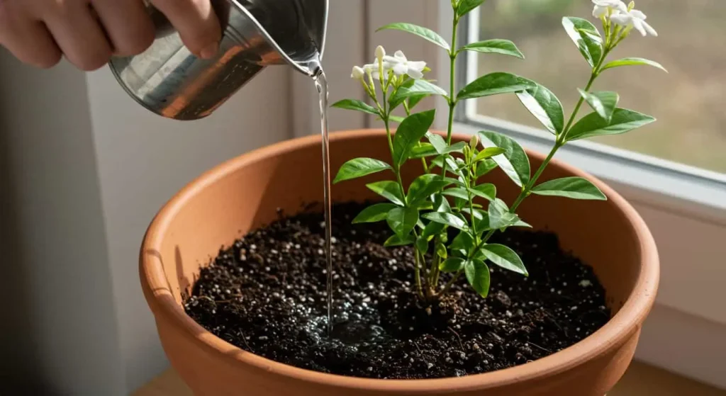 Hand watering a jasmine plant in terracotta pot with well-draining soil