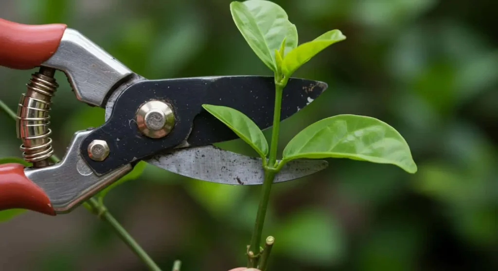 Pruning shears cutting a jasmine stem for propagation with rooting hormone