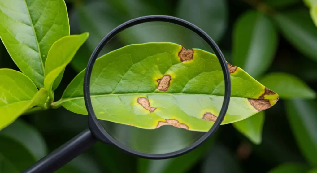 Close-up of a jasmine leaf with yellow spots and pest damage under magnification