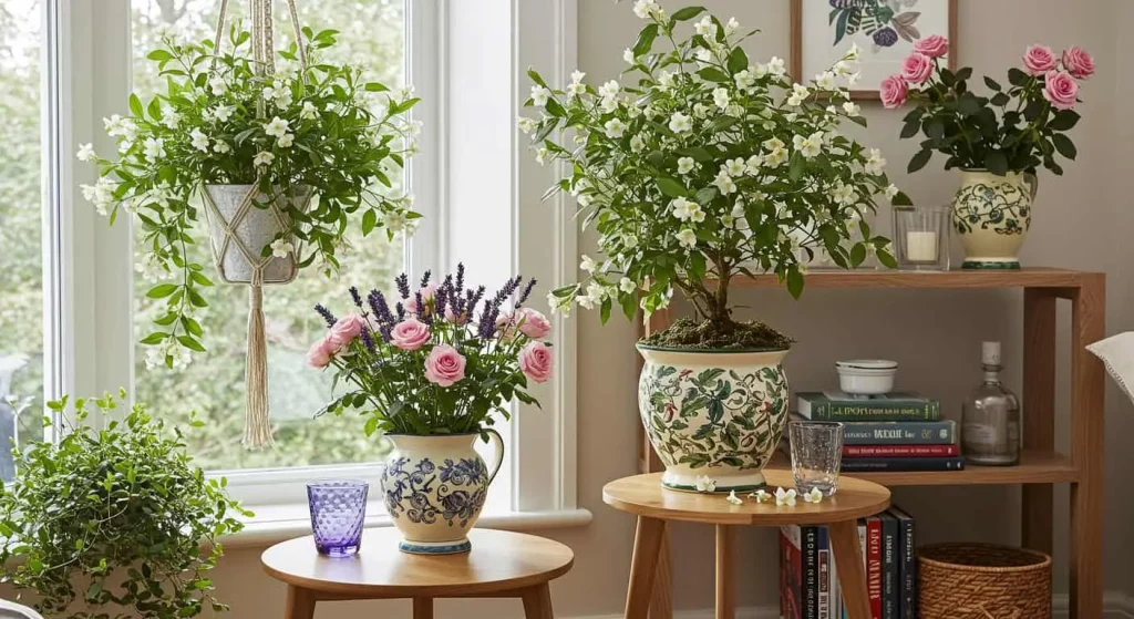 Living room decorated with jasmine plants hanging in macramé hangers and placed on shelves and side tables