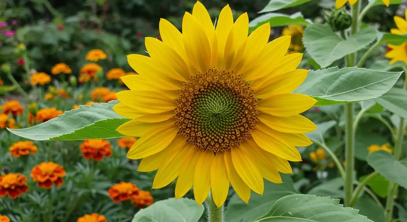 Close-up of a teddy bear sunflower with fluffy golden blooms and green leaves