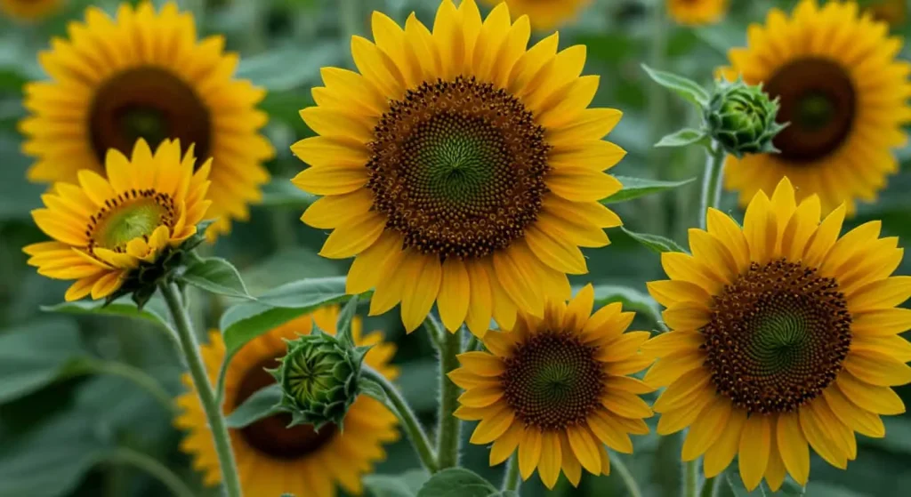 Teddy bear sunflowers at various stages of growth showing compact size and fluffy blooms