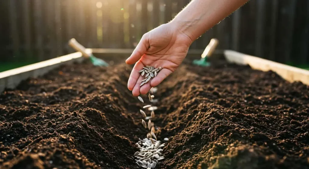 Hand scattering teddy bear sunflower seeds into a garden bed with rich soil