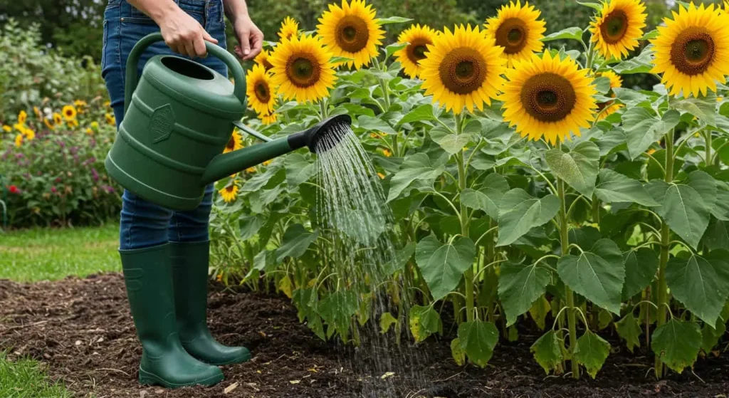 Gardener watering teddy bear sunflowers with a watering can in a sunny garden