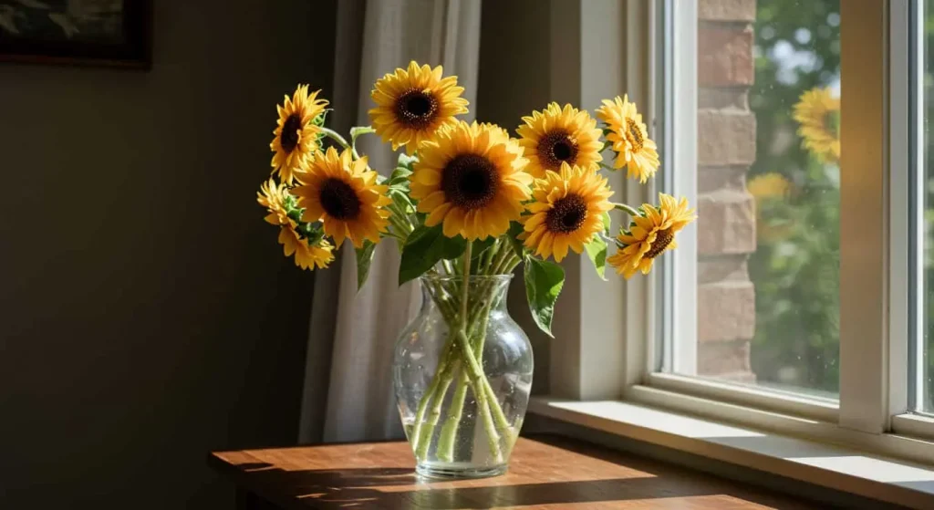 Vase of teddy bear sunflowers on a wooden table near a sunny window