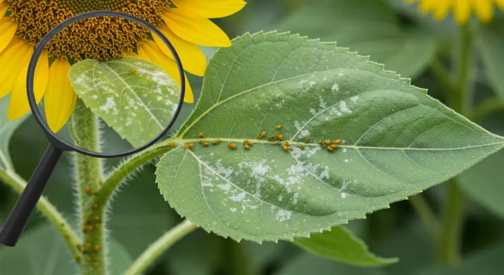 Close-up of a teddy bear sunflower leaf with powdery mildew and aphid infestation