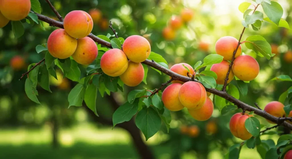 A thriving plumcot tree with ripe fruits hanging from its branches in a sunny garden.