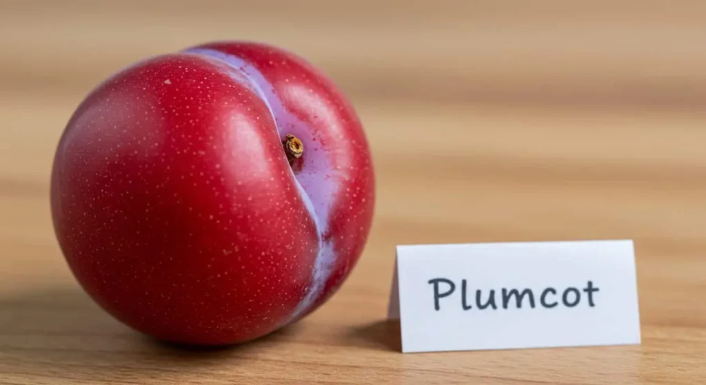 Close-up of a ripe plumcot fruit with deep red flesh and smooth skin on a wooden table.