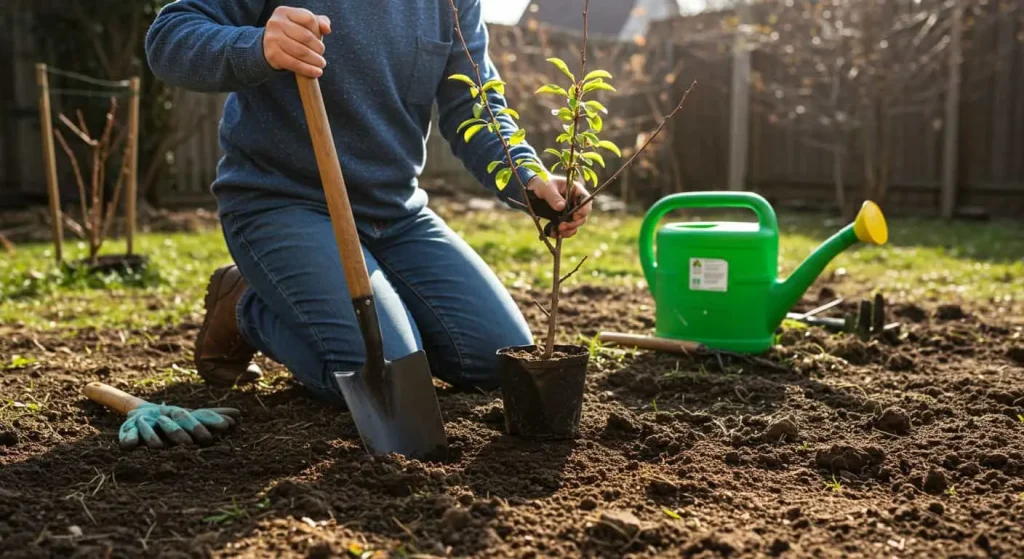 Gardener preparing to plant a young plumcot sapling in a sunny backyard.