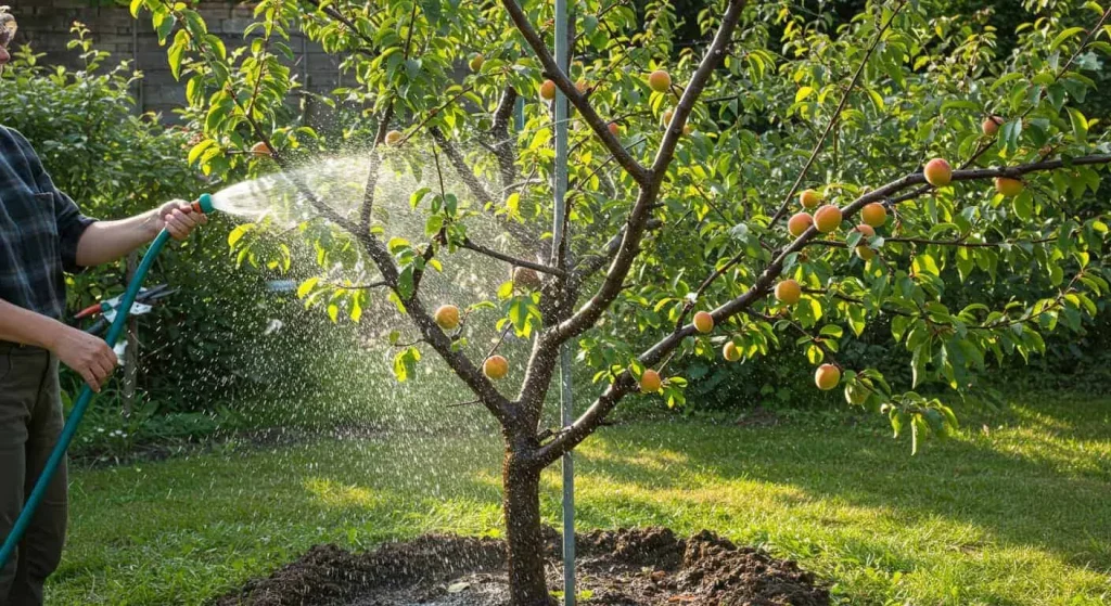 Well-maintained plumcot tree being watered by a gardener with pruning shears nearby.