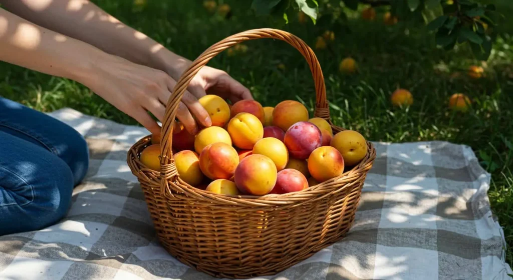 Basket of freshly harvested plumcot fruits under a shady plumcot tree.