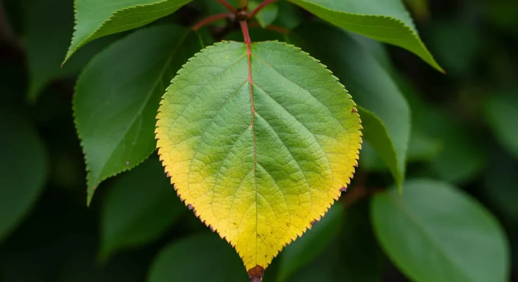 Close-up of a slightly yellowing plumcot leaf with a magnifying glass nearby.