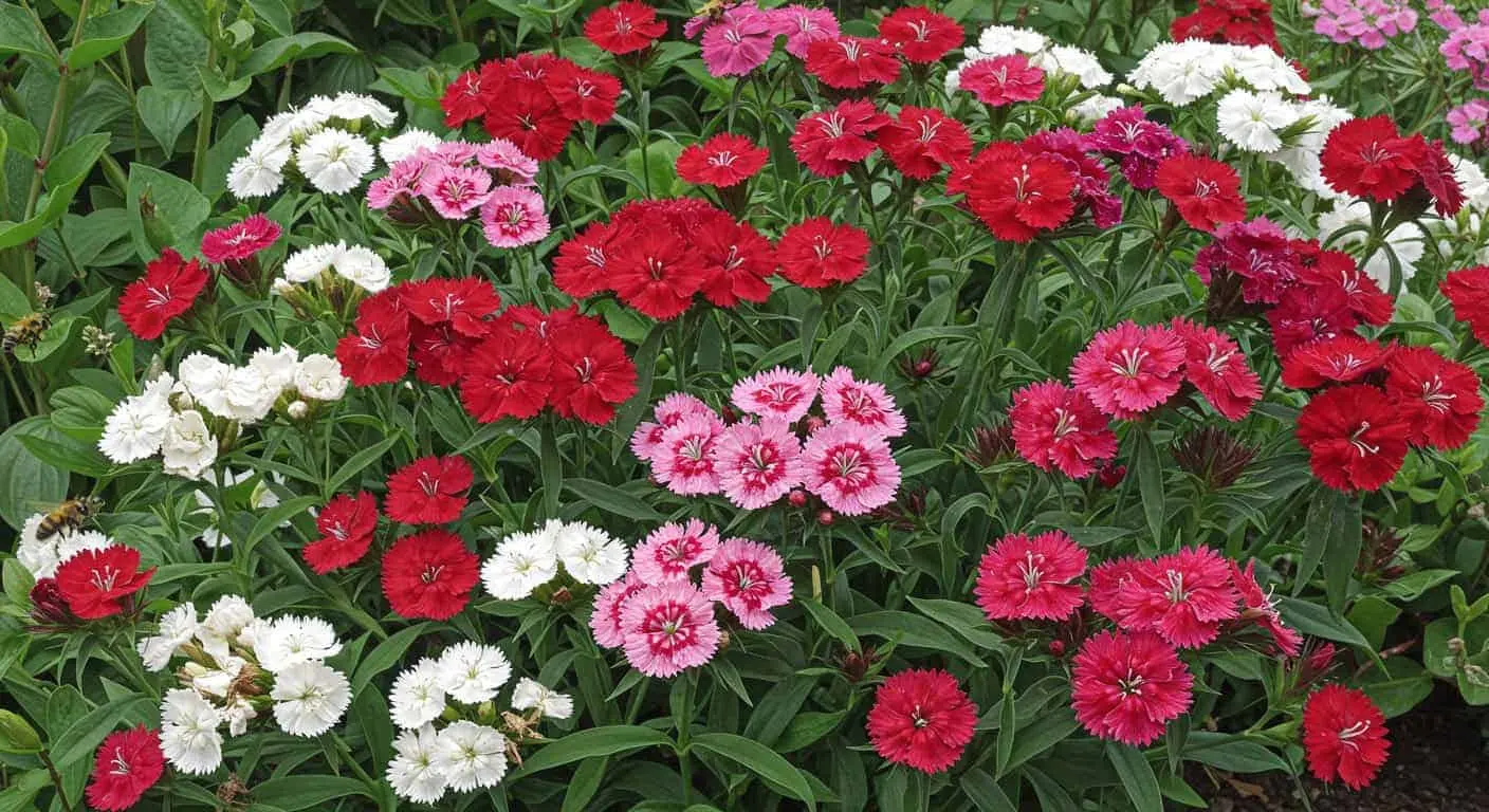 Vibrant Sweet William flowers in red, pink, and white colors blooming in a sunny garden.