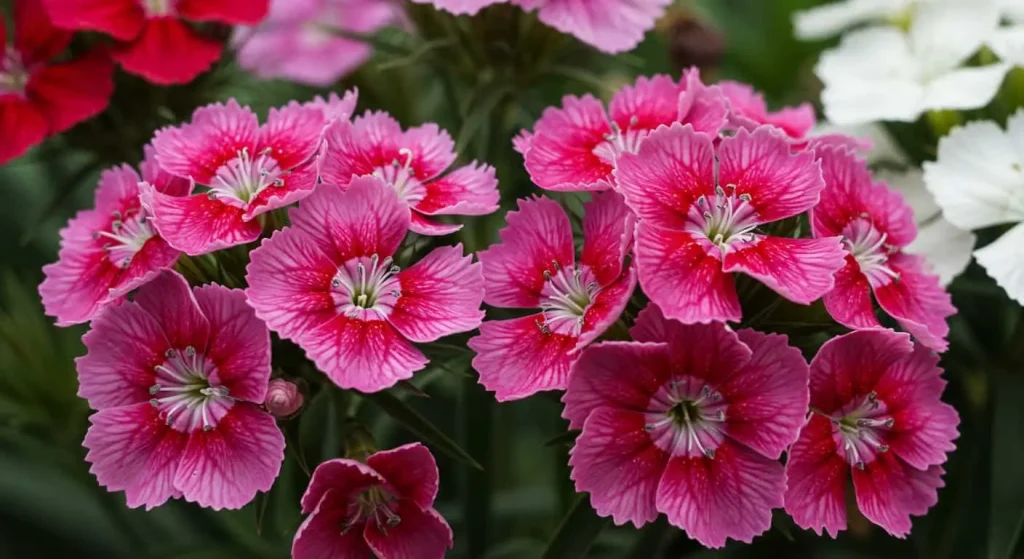 Close-up of Sweet William flowers in pink, red, and white with detailed petals.