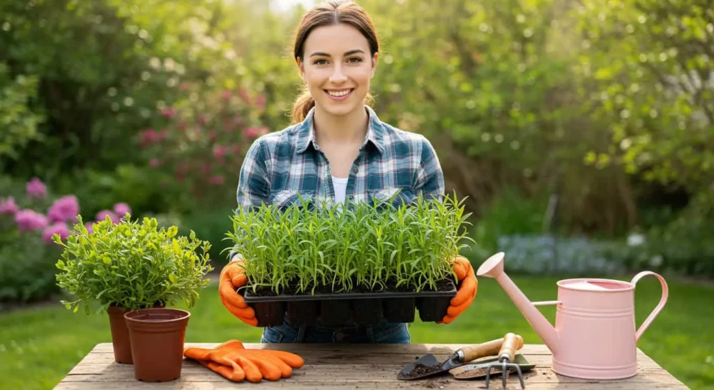 Gardener holding a tray of Sweet William seedlings with gardening tools nearby.