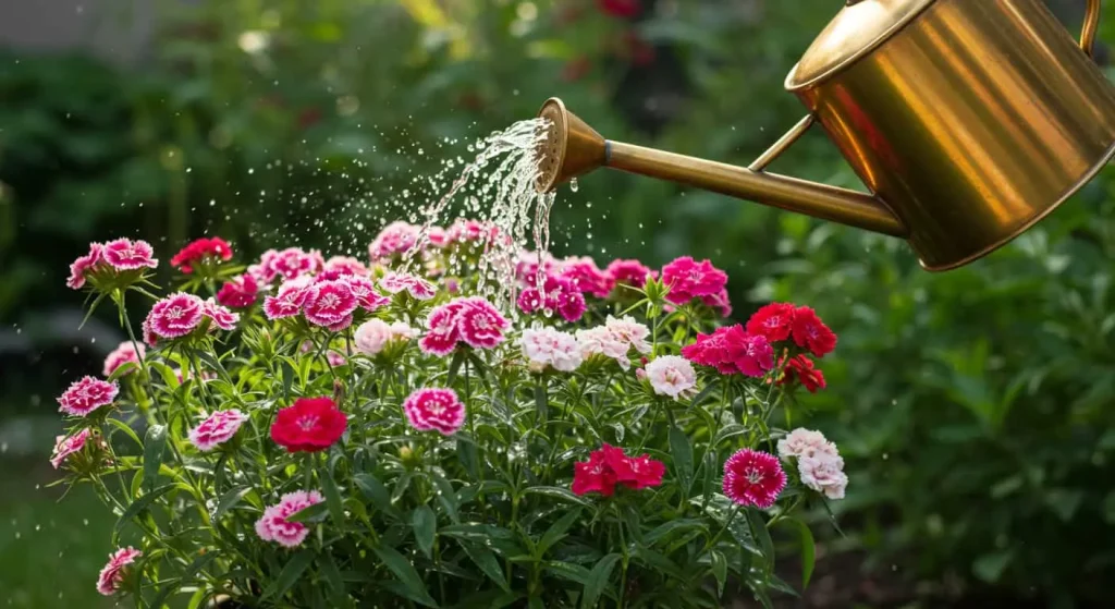 Well-cared-for Sweet William plant being watered with a gentle stream from a watering can.