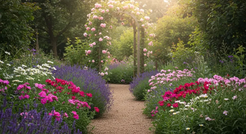 Cottage garden with Sweet William flowers paired with lavender and daisies for a harmonious display.