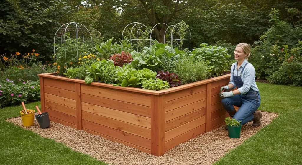 A cedar wood raised garden bed filled with fresh vegetables, herbs, and flowers in a sunny backyard.