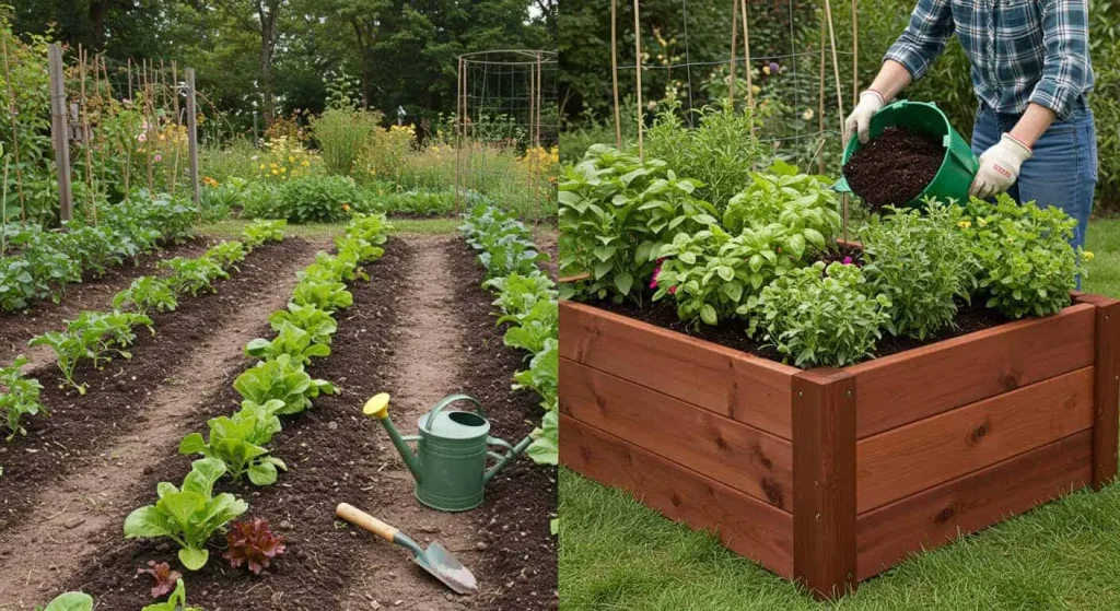 Comparison between traditional gardening and a raised garden bed highlighting improved drainage and reduced weeds.