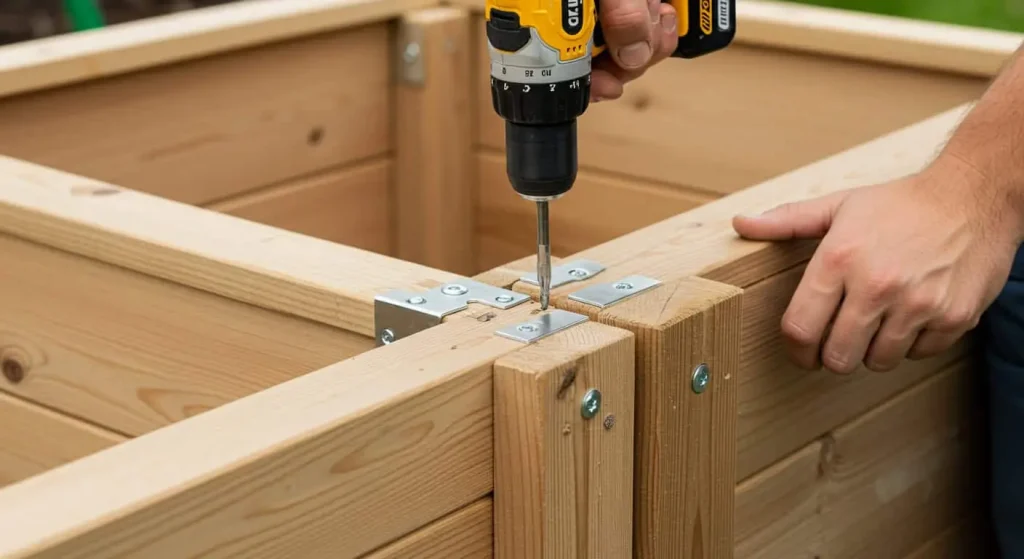 Close-up of a gardener assembling a wooden frame for a raised garden bed using corner brackets and a drill.