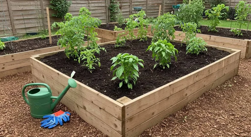 Completed raised garden bed filled with nutrient-rich soil, mulch, and thriving plants like tomatoes and basil.