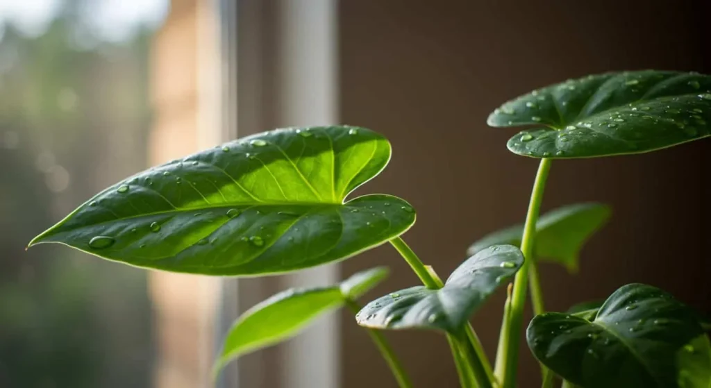 Close-up of Angel Wings Plant with silvery-gray leaves on a sunny windowsill