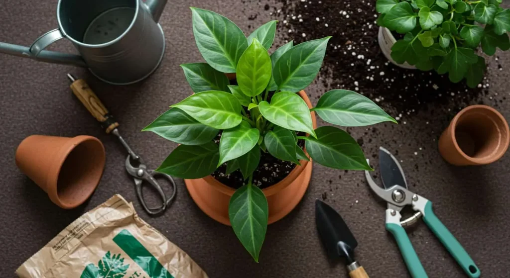 Angel Wings Plant in a terracotta pot with gardening tools for care inspiration